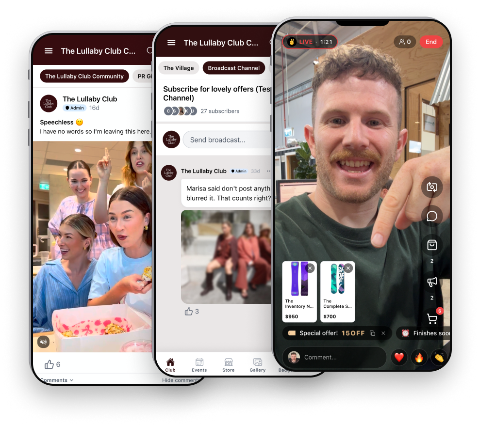 Native commerce inside an InClub community — product detail page and store grid
